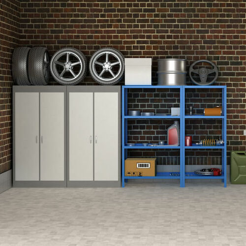 A Garage With Custom Flooring, Cabinets, and Shelves.